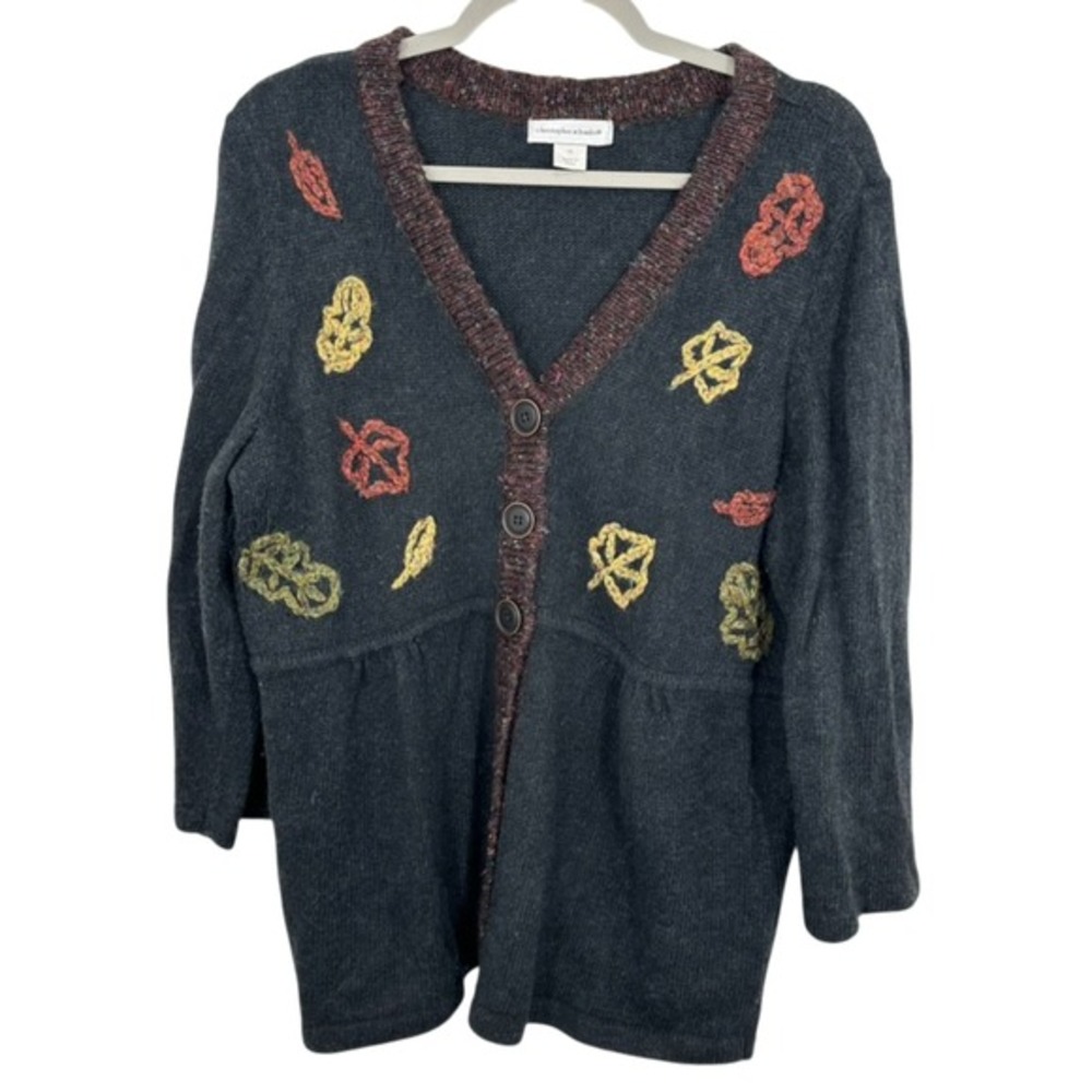Vintage Christopher & Banks Size XL Charcoal Grey Embroidered Fall Leaf Cardigan